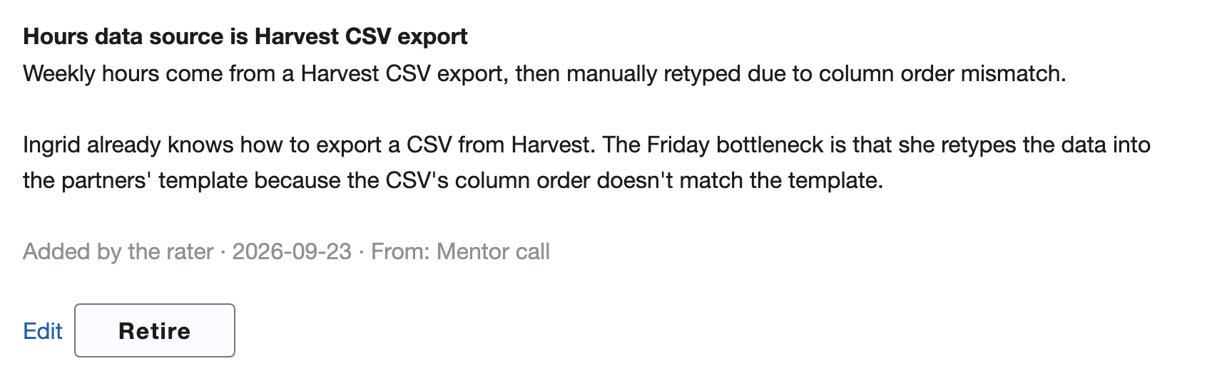 A fact the AI read from Mira’s mentor-call notes, with “From: Mentor call” as its source